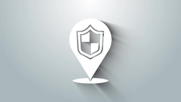 Icona dello scudo Posizione bianca isolata su sfondo grigio. Concetto assicurativo. Segno di guardia. Sicurezza, protezione, protezione, privacy. Animazione grafica 4K Video motion - Filmati, video