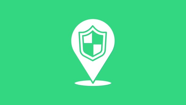 Icona dello scudo Posizione bianca isolata su sfondo verde. Concetto assicurativo. Segno di guardia. Sicurezza, protezione, protezione, privacy. Animazione grafica 4K Video motion - Filmati, video