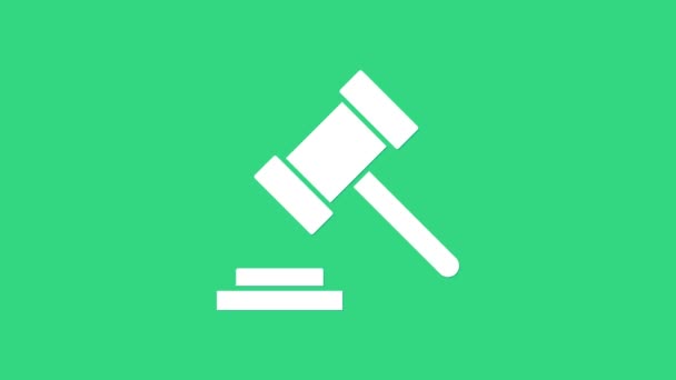 Icono de martillo de juez blanco aislado sobre fondo verde. Martillo para la adjudicación de sentencias y proyectos de ley, corte, justicia. Martillo de subasta. Animación gráfica de vídeo 4K - Imágenes, Vídeo