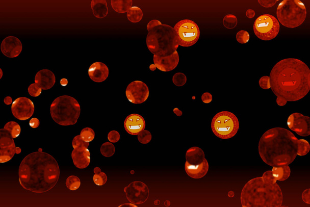Virus covid Ball war Mutation zum bösen Gesicht rote Farbe auf schwarzem Bildschirm - Foto, Bild