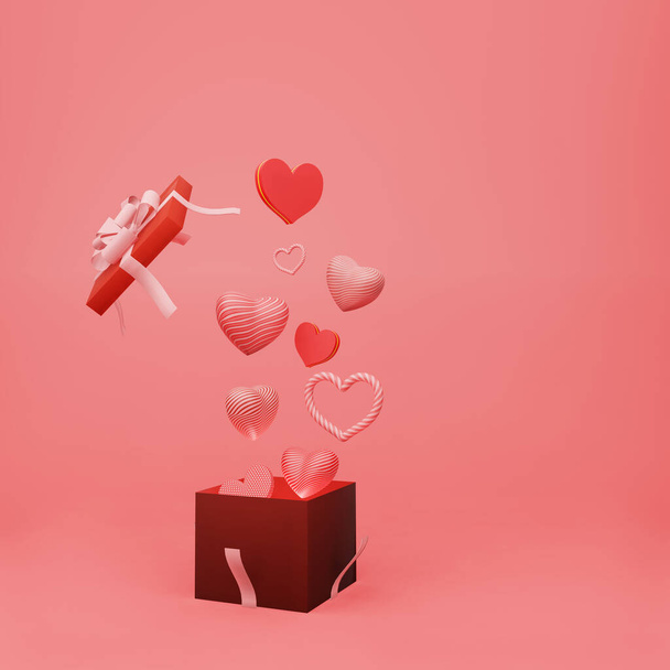 Açık hediye kutusundan, kırmızı arka planda kurdeleli, 3D kopyalama alanı olan güzel bir kalp keskinliği. Sevgililer günün kutlu olsun ve tebrik konsepti tarzında.. - Fotoğraf, Görsel