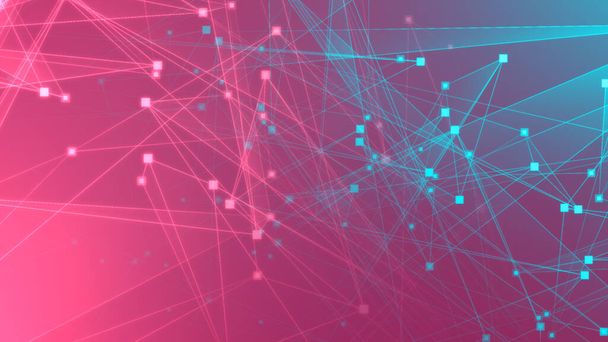 Abstraktes rosa grünes Polygon-Tech-Netzwerk mit Connect-Technologie-Hintergrund. Abstrakte Punkte und Linien strukturieren den Hintergrund. 3D-Darstellung. - Foto, Bild