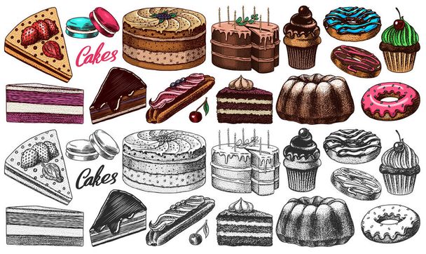 Sütemények és krémtorták, gyümölcsdesszertek és muffinok. Csokis fánk, édes kaja. Kézzel rajzolt sütemények. Vintage vésett vázlat. Vektor illusztráció egy banner vagy menü egy kávézó és étterem. - Vektor, kép