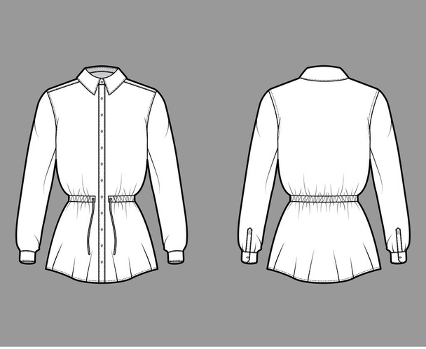 Tričko stahovací šňůrka sebraný pas technická módní ilustrace s kravatou, dlouhé rukávy, délka tuniky, klasický límec - Vektor, obrázek