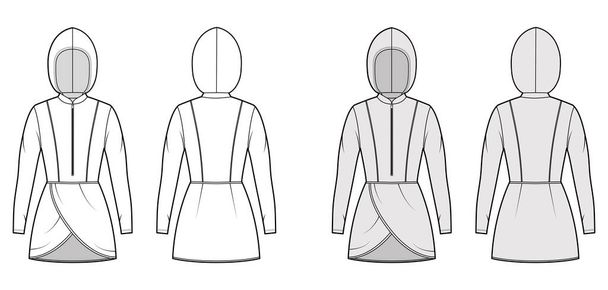 Modest hijab tunic technical fashion illustration with zip henley neck, long sleeves, fitted body, petals hem, hood.  - Vector, Image