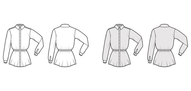 Tričko stahovací šňůrka sebraný pas technická módní ilustrace se složenými dlouhými rukávy, délka tuniky, klasický límec - Vektor, obrázek