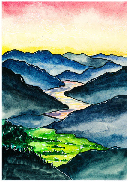  fiume valle acquerello illustrazione - Foto, immagini