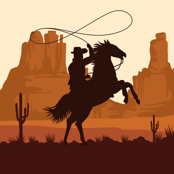 Ковбойский силуэт в лошадином лассо на фоне заката - Вектор,изображение