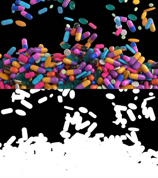 3D illusztrációja gyógyszer tabletták áramlását alfa réteg - Fotó, kép