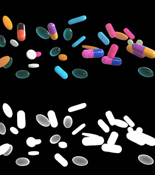 3D illustratie van medicijnen pillen stroom met alfa laag - Foto, afbeelding
