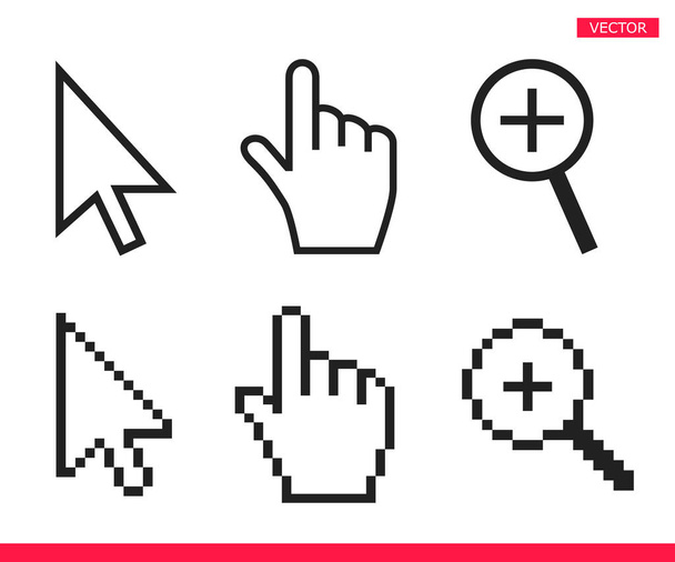 Flecha en blanco y negro, mano y lupa iconos del cursor del ratón vector ilustración - Vector, Imagen