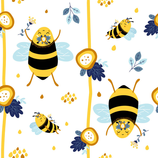 Floral seamless pattern with bees, rainbows and flowers, hand drawn elements. Modern vector seamless pattern. - Vektor, kép