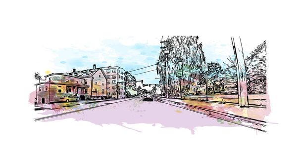 Imprimir Vista del edificio con punto de referencia de Concord es la ciudad de New Hampshire. Salpicadura de acuarela con dibujo dibujado a mano ilustración en vector. - Vector, Imagen