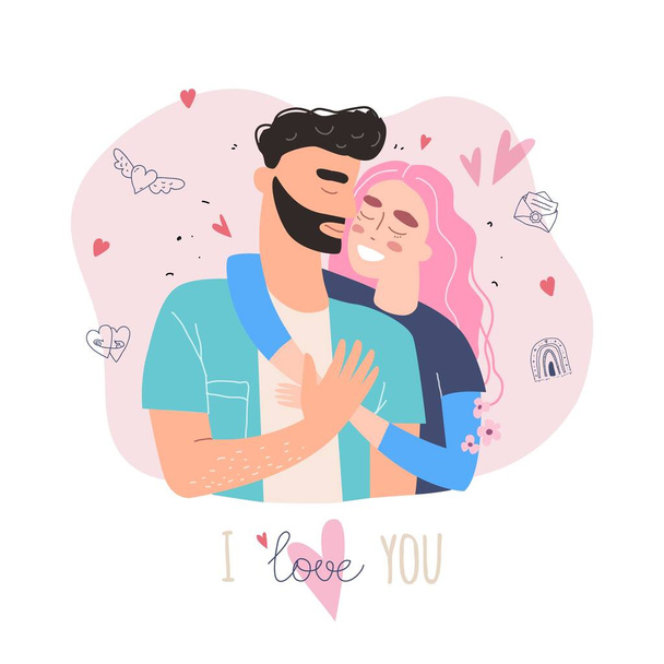 Cute couple in love clipart. Happy family concept. Lovers man and woman hugging. Vector Valentine card - Vettoriali, immagini