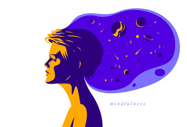 Perfil da mulher com visão espacial planetas e estrelas de sua cabeça ilustração vetorial, mindfulness tema filosófico e psicológico, meditação e consciência. - Vetor, Imagem