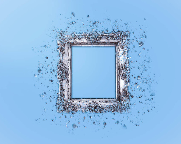 Old silver frame on a light blue background, Dispersion effect - Photo, Image
