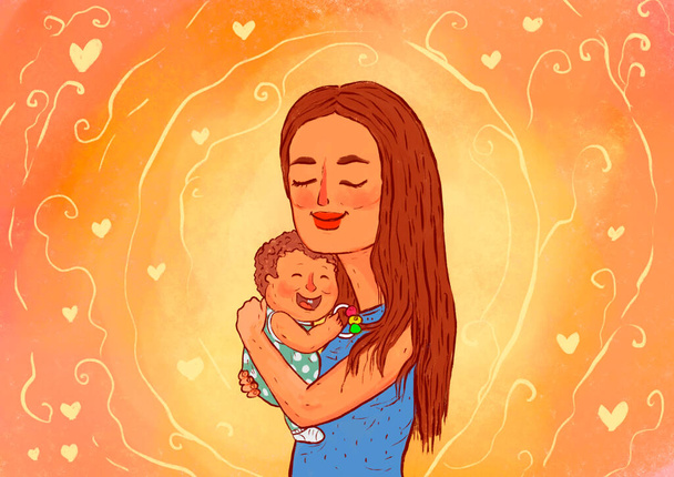 Anne sevgisi. Kollarında çocuğu olan bir kadın, onu kollarında tutuyor. Annesiyle gülen çocuk. - Fotoğraf, Görsel