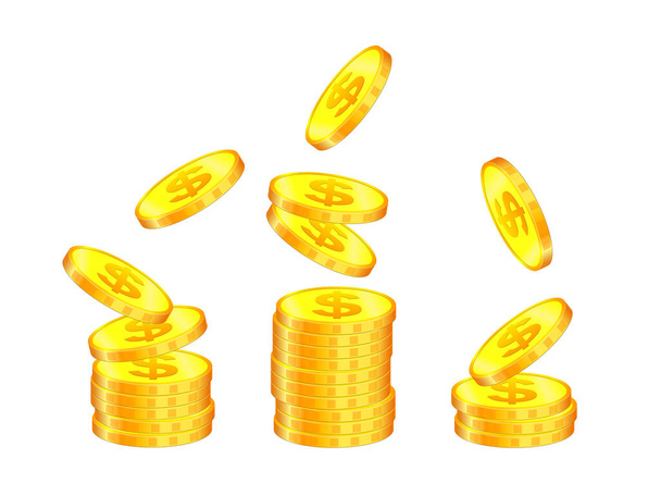 Illustration of several stacks of golden dollar coins in 3D style, on white isolated background. Vector. Template for economic design, banking, financial company, decor - Vettoriali, immagini