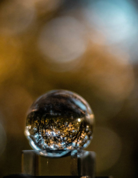 A vertical shot of crystal glass ball with an upside-down reflection of trees against bokeh bakcground - Photo, image