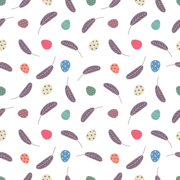  Пасхальный бесшовный рисунок с яйцами и перьями. Праздничный пасхальный фон. Дизайн к Пасхе, текстиль, бумага, печать - Вектор,изображение