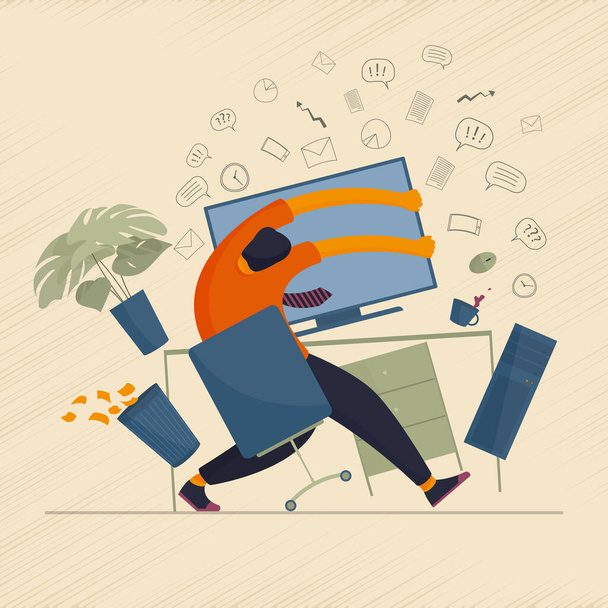 The concept of human character overload with information and mental breakdown while working at the computer. Vector illustration. - Vector, afbeelding