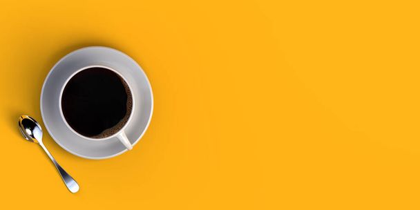 Cup of coffee on yellow background. Breakfast. Banner. 3d illustration. Flat lay. - Φωτογραφία, εικόνα