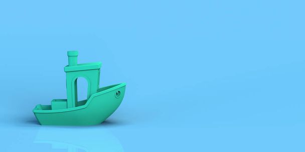 Barco de juguete en superficie azul reflectante. Concepto de verano. Renderizado 3D. - Foto, Imagen