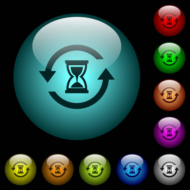 Reload symbol with sandglass icons in color illuminated spherical glass buttons on black background. Can be used to black or dark templates - Vector, Image