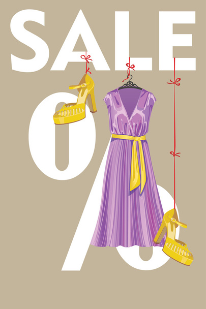 Sale design template.Lilac party dress and high heeled shoes - Vetor, Imagem