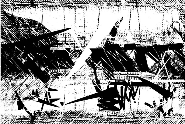 Zmatené pozadí v černobílé textuře s tečkami, skvrnami, škrábanci a čárkami. Abstraktní vektorová ilustrace. - Vektor, obrázek