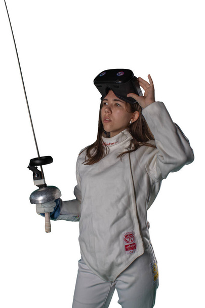 Esgrimista menina em óculos de realidade virtual, vr conceito - Foto, Imagem