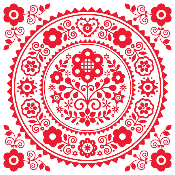Polish folk art vector greeting card design with floral mandala design inspired by old traditional Polish embroidery Lachy Sadeckie - bohemian pattern - Vektor, obrázek