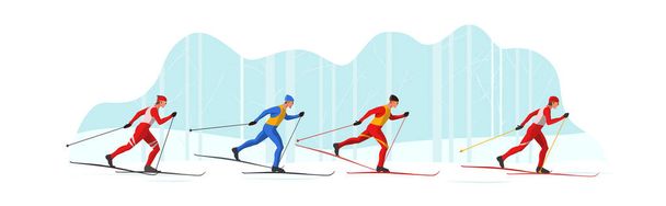 Лыжники в спортивной одежде катаются на лыжах с помощью лыжных палок и лыж. Спортсмены участвуют в зимних спортивных соревнованиях. - Вектор,изображение