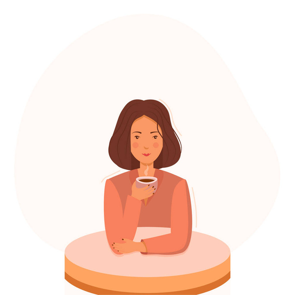 女の子はお茶やコーヒーベクトルイラストのコンセプトを飲む - ベクター画像