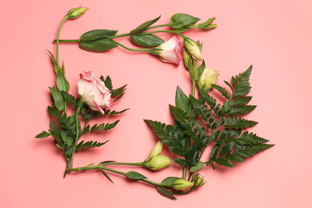 frame of delicate flowers on a pink background - Foto, afbeelding