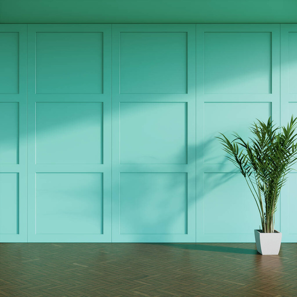 современный минимальный интерьер комнаты, мята зеленого цвета стены, 3D рендеринга фона - Фото, изображение