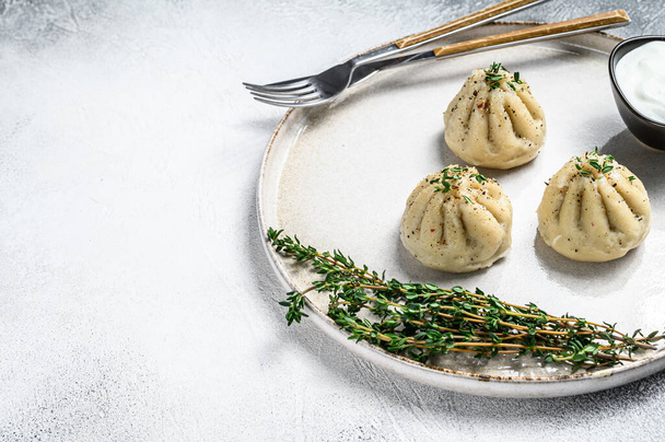 Asian Steamed Dumplings Manti with mince meat on a plate. White background. Top view. Copy space. - 写真・画像