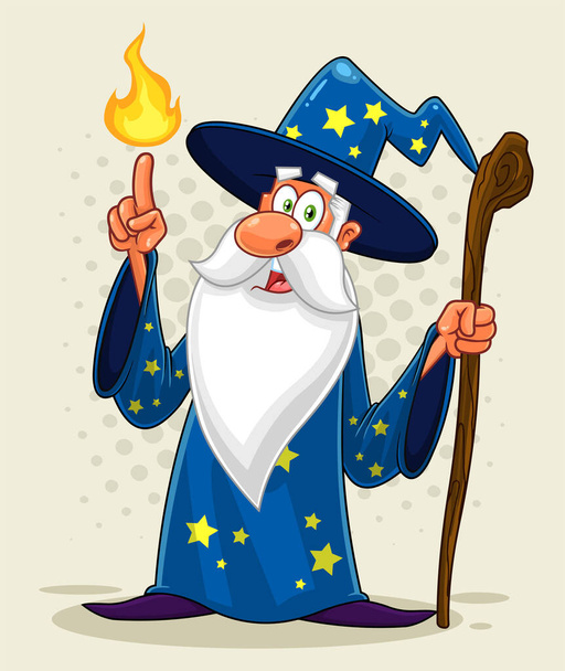 Старый волшебный мультяшный персонаж с тростью, создающей магию. Векторная иллюстрация с фоном - Вектор,изображение