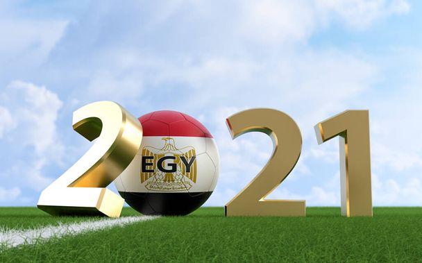 Soccer 2021 - Soccer ball in Egypt flag design on a soccer field. Soccer ball representing the 0 in 2021. 3D Rendering - Zdjęcie, obraz