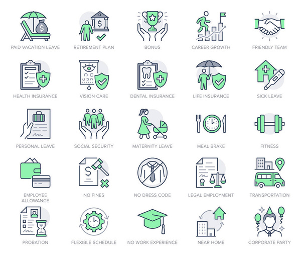 Employee benefits line icons. Vector illustration with icon - hr, perks, organization, maternity rest, sick leave outline pictogram for personal management. Green Color Editable Stroke - Vector, Image