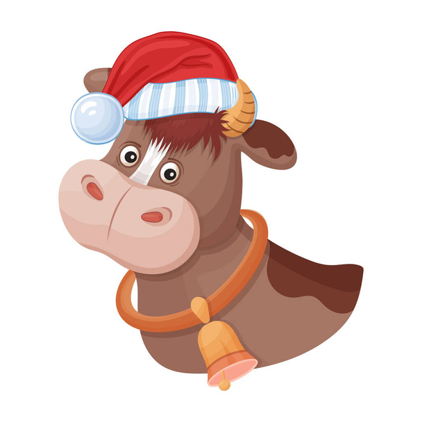 Toro cómico con sombrero rojo de Santa. Animal mascota chino año nuevo 2021. Feliz Navidad personaje de buey de dibujos animados. Zodíaco. Imagen de vaca nodriza para el diseño de la tarjeta de felicitación de Navidad festiva. Vector aislado en blanco - Vector, imagen