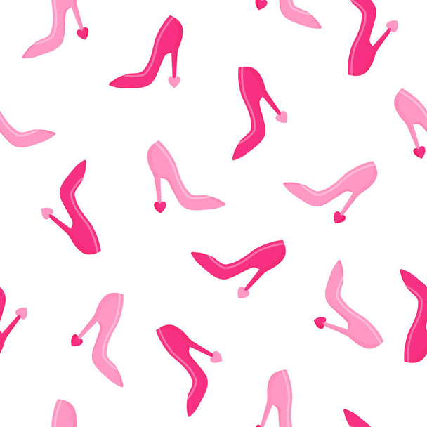 Seamless pattern of pink high heels with heart for the wedding or Valentine's Day. Cartoon vector isolated design for wallpaper, wrapping paper, textile, etc. - Wektor, obraz