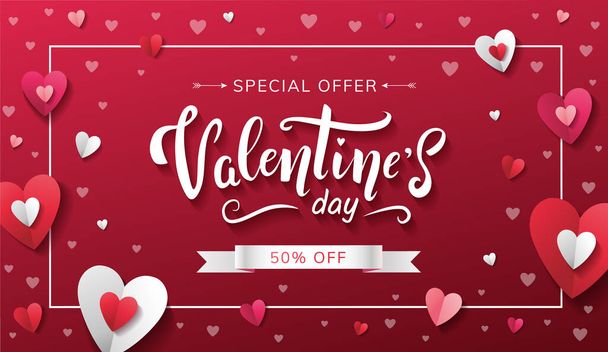 Speciale aanbieding voor Valentijnsdag 50% korting banner ontwerp met de hand geschreven belettering, papieren harten van rood wit en roze kleuren, en lint op donkerrode achtergrond. - Vector - Vector, afbeelding