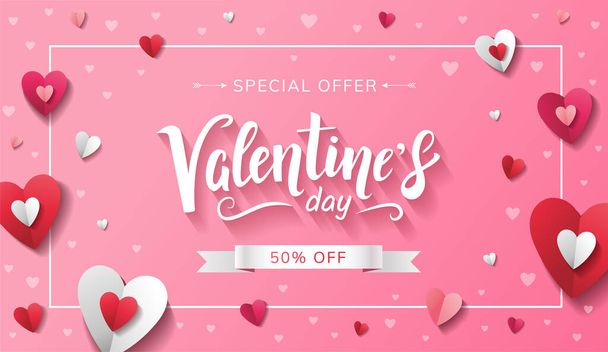 Valentine's Day sale banner design template with handwritten lettering and paper red, white and pink hearts on pink background. Special offer 50% off. - Vector - Vecteur, image