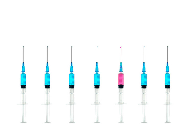 row of syringes, all syringes with blue liquid, one syringe with pink liquid - Фото, изображение