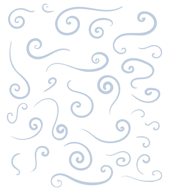 様式化された雪の渦と風の吹きのベクトルセット。ライトブルーのクールな滑らかなラインの装飾. - ベクター画像