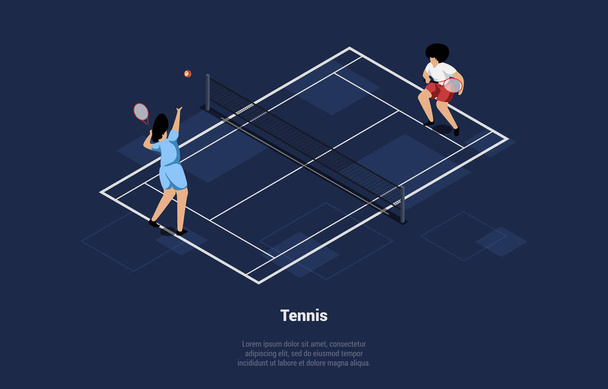 Εικονογράφηση διάνυσμα σε καρτούν 3D στυλ των δύο μεγάλων παικτών τένις στο γήπεδο. Σύνθεση σε σκούρο φόντο με γραφή. Χαρακτήρες με στολές με ρακέτες και προπόνηση. Δραστηριότητες αθλητικών παιχνιδιών - Διάνυσμα, εικόνα