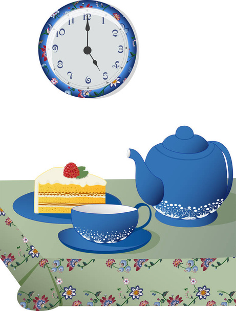 Tea cup for evening tea and the clock shows five - Vektori, kuva