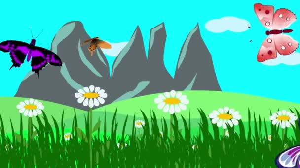Çizgi film manzarası, bahar sezonu çiçekli ve kelebekli animasyonu - Video, Çekim