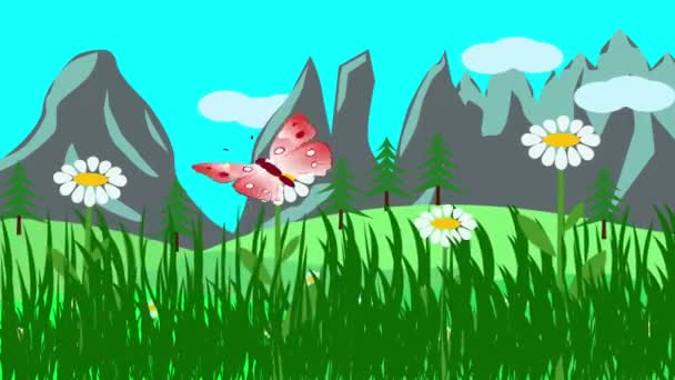 Мультфильм Пейзаж, весенняя анимация с цветами и бабочкой - Кадры, видео